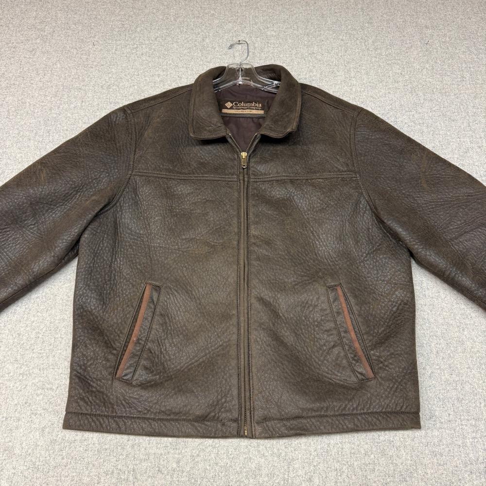 Columbia Jacket Large Brown Faux Leather Bomber Full Zip Elbow Patches RN102271